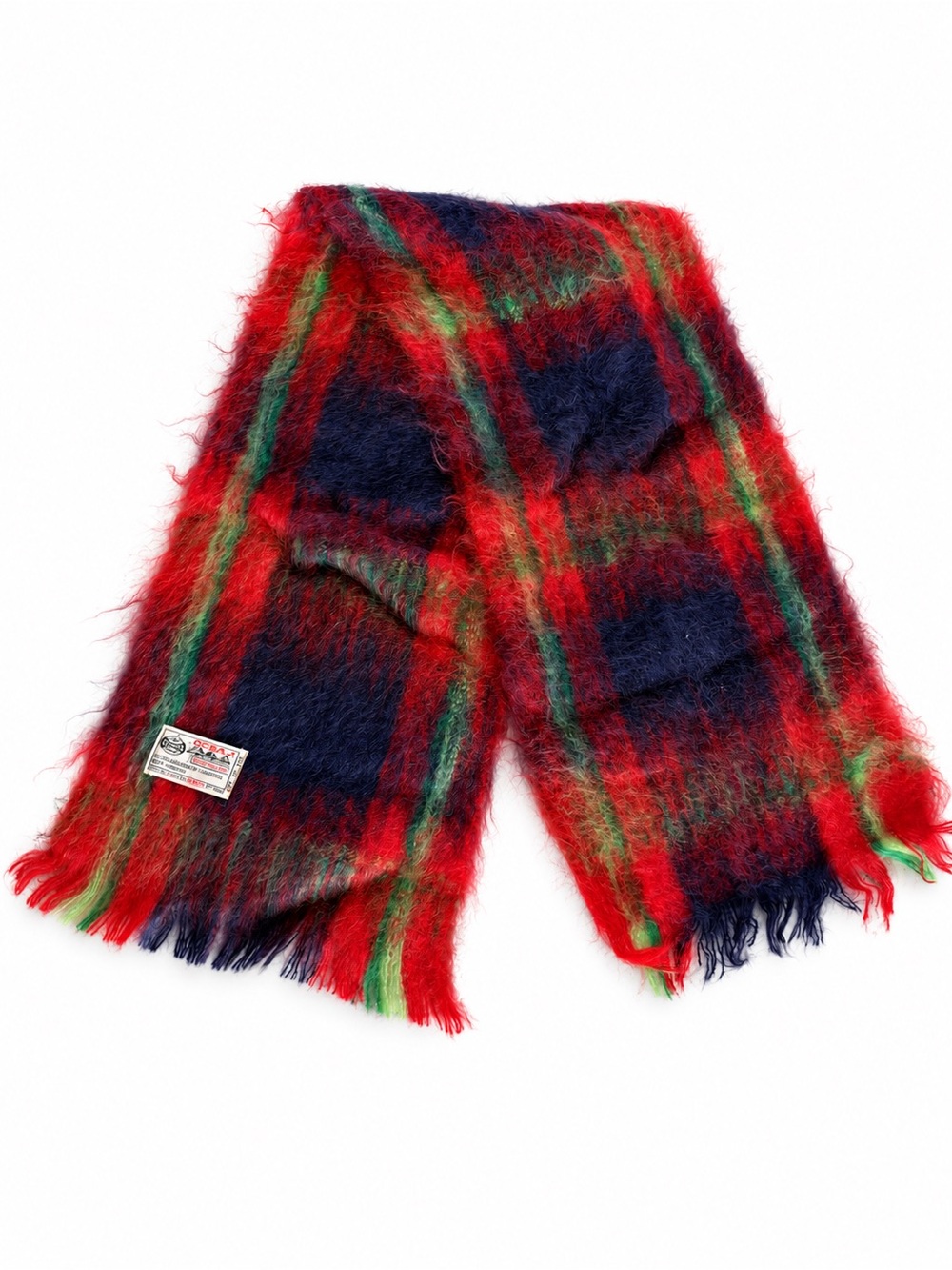 Vintage 100% Mohair Plaid Red Scarf